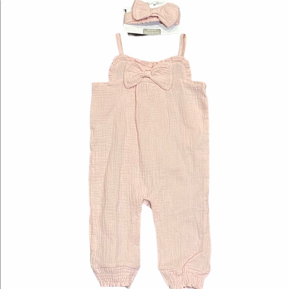 Emily and Oliver gauze pink romper and headband set